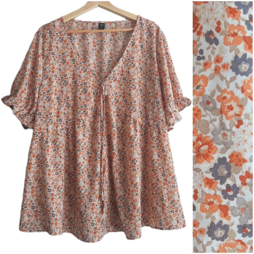 🍒 Boho Ditsy Floral Ruffled Puff Sleeve Light V-Neck Blouse PLUS Sz 2XL